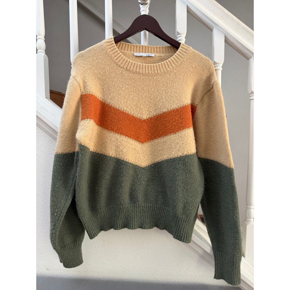 Baltic Born Womens XL Colorblock Chevron Crew Neck Sweater Tan Orange Green
